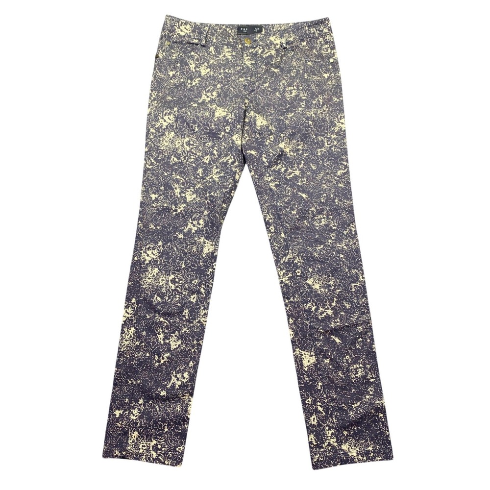 Peruvian Connection Womens Size 6 Blue Gold Damask Print Slim Pants Grung e